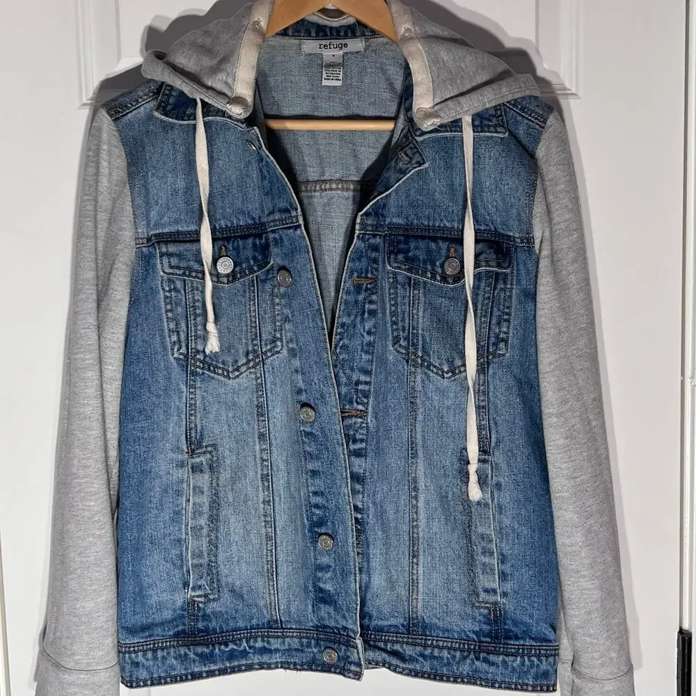 Refuge Denim Jacket with Sweatshirt Sleeves and Hood, Women's Size S